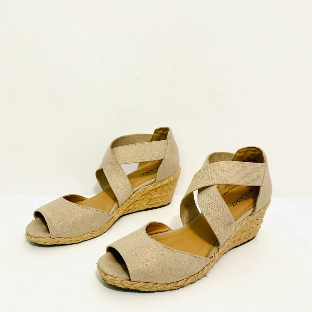 Solanz Tan Metallic Gold Helena Espadrilles With Elastic Straps Size 9 Summer